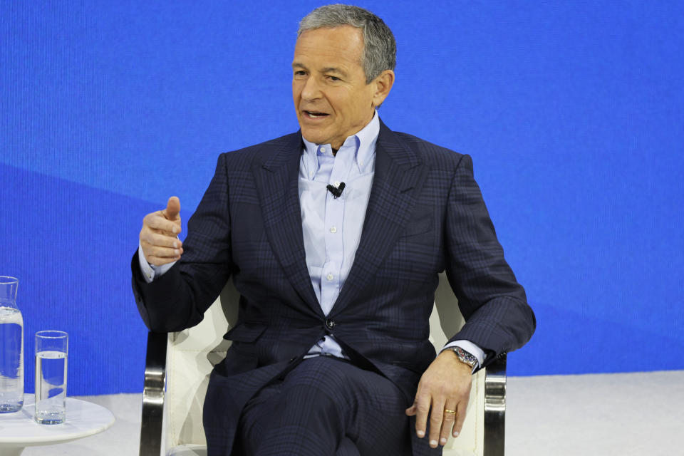 NEW YORK, NEW YORK - NOVEMBER 29: C.E.O. of The Walt Disney Company Bob Iger speaks during the New York Times annual DealBook summit on November 29, 2023 in New York City. Andrew Ross Sorkin returns for the NYT summit for a day of interviews with Vice President Kamala Harris, President of Taiwan Tsai Ing-Wen, C.E.O. of Tesla, Chief Engineer of SpaceX and C.T.O. of X Elon Musk, former Speaker of the U.S. House of Representatives Rep. Kevin McCarthy (R-CA) and leaders in business, politics and culture.  (Photo by Michael M. Santiago/Getty Images)