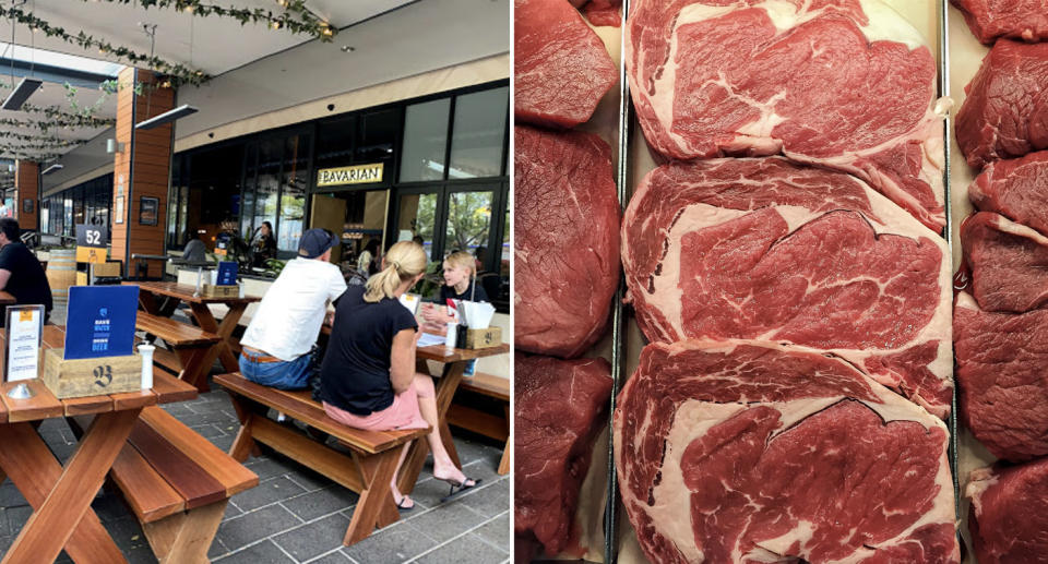 The outdoor seating area of the Bavarian restaurant in Macarthur, and a close up of butcher's meat.