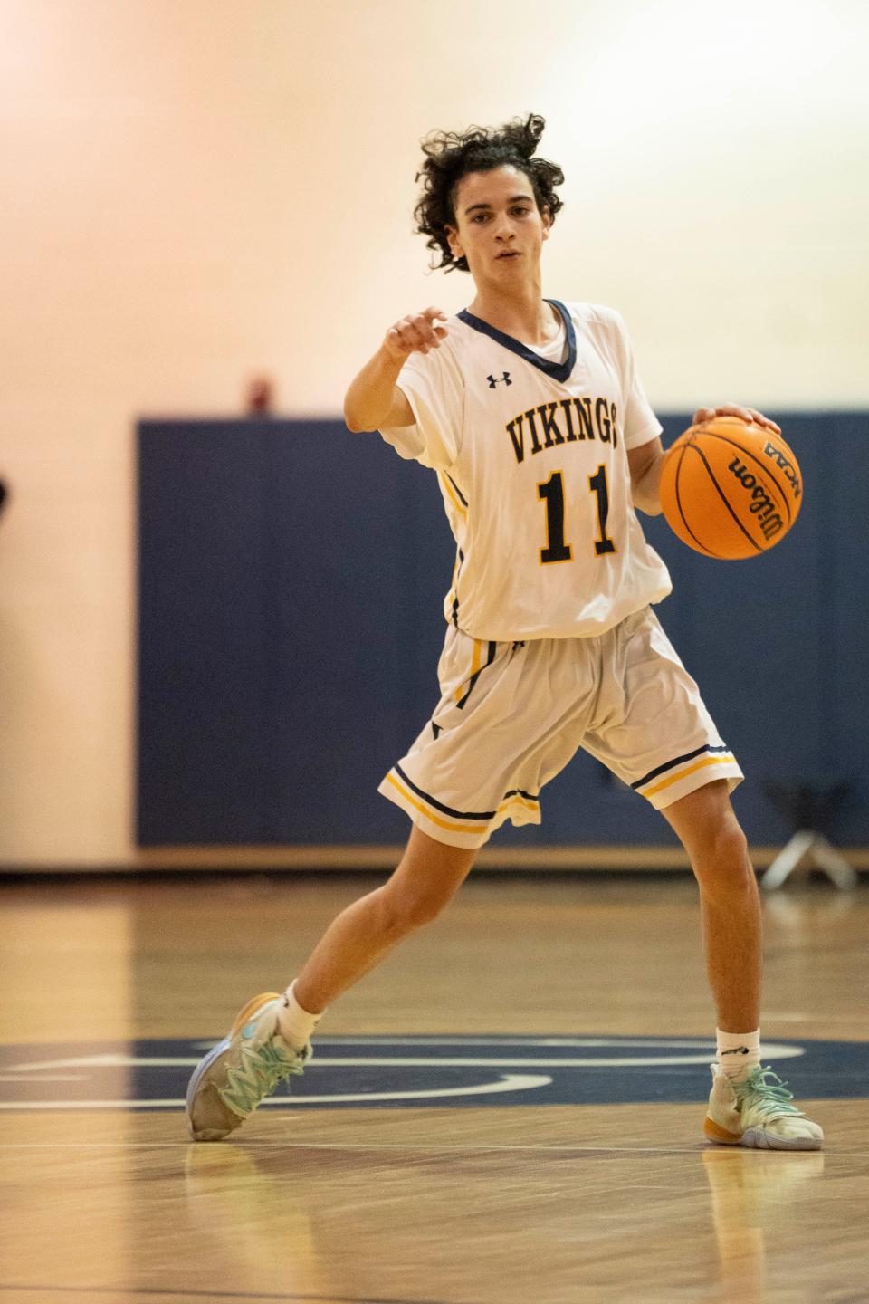 Feb 16, 2024; Hackettstown, NJ, USA; Hunterdon Central vs. Vernon in the Hunterdon/Warren/Sussex Boys Basketball Tournament final at Centenary University gym. V #11 Alex Fessel.