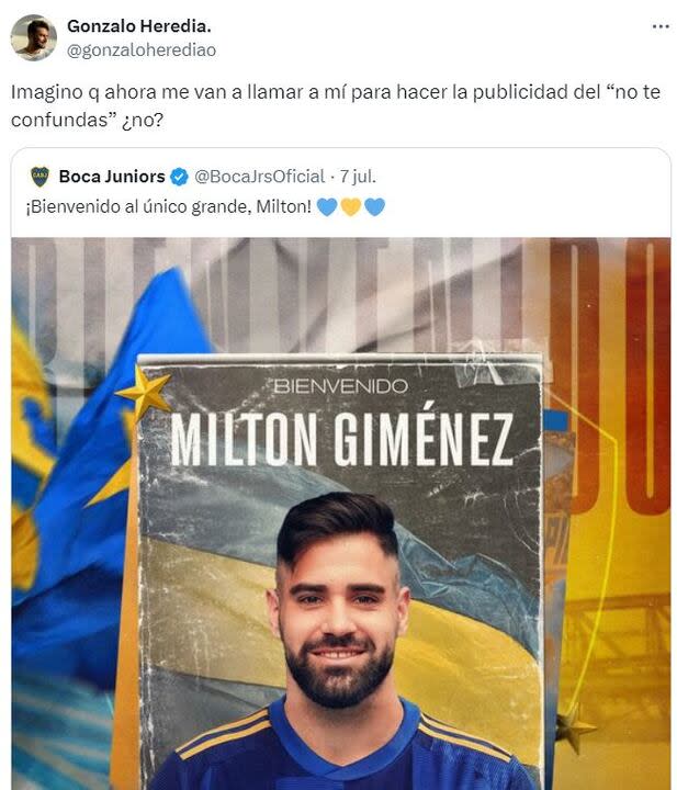 El cómico posteo de Gonzalo Heredia por su parecido con Milton Giménez, el flamante refuerzo de Boca