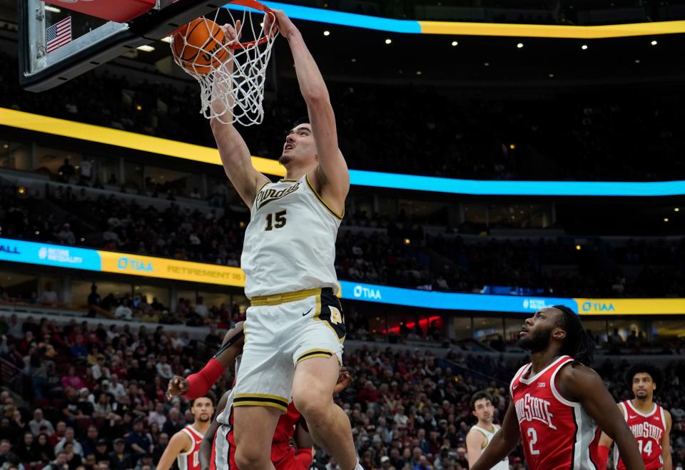 Mar 11, 2023; Chicago, IL, USA; Purdue Boilermakers center Zach Edey (15) dunks the ball against the Ohio State Buckeyes during the first half at United Center. Mandatory Credit: David Banks-USA TODAY Sports