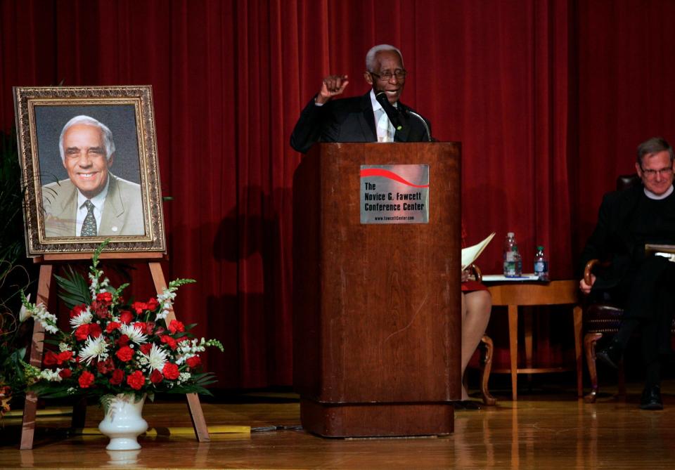 Rev. Leon Troy Sr. speaks during the memorial service for the late Judge Robert Duncan at Fawcett Center at Ohio State University on November 9, 2012.