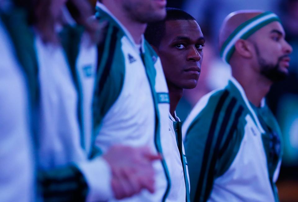 BOSTON, MA - JANUARY 15: Rajon Rondo #9 of the Boston Celtics listens to the national anthem prior to the game against the Toronto Raptors during the game at TD Garden on January 15, 2014 in Boston, Massachusetts. NOTE TO USER: User expressly acknowledges and agrees that, by downloading and or using this photograph, User is consenting to the terms and conditions of the Getty Images License Agreement.  (Photo by Jared Wickerham/Getty Images)