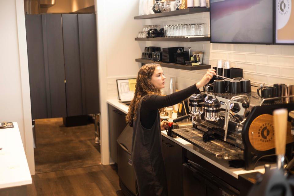 Barista Abigail Speed brews coffee inside Congregation Coffee on Thursday, Jan. 4, 2024. The new coffee shop is located at 3060 Forest Hill Irene Road in Germantown, Tenn.