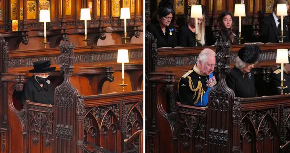 L: Photo of the late Queen sitting at her husband's funeral. R: Prince Charles sits in the same seat at his mother's funeral.