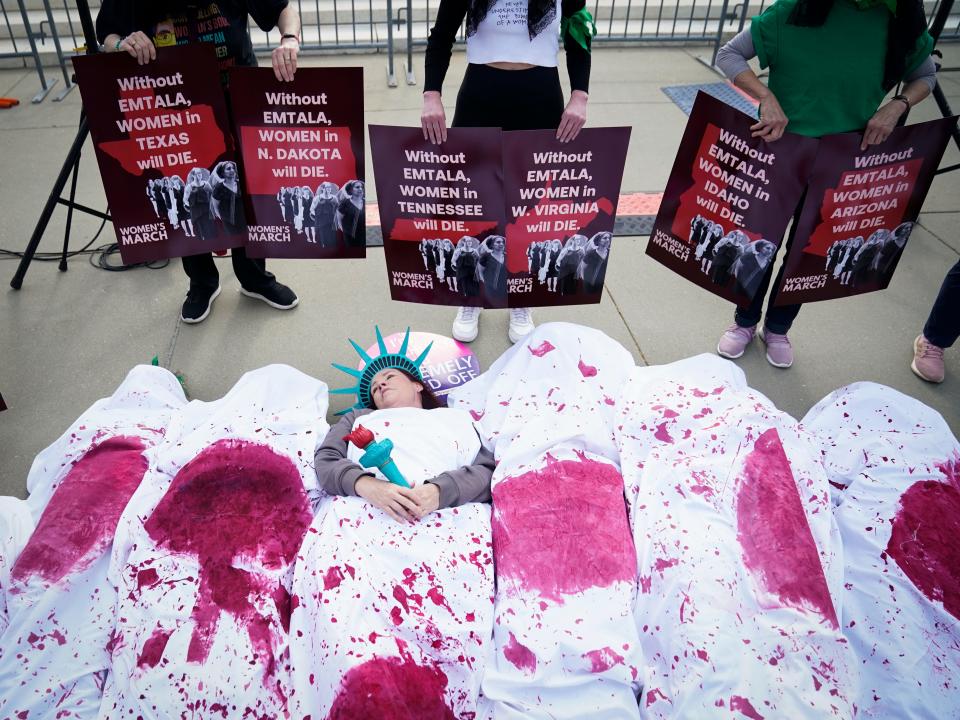 Protestors rally outside the Supreme Court as the justices hear oral arguments in Idaho v. United States on April 24, 2024 in Washington, DC. At issue in the case is Idaho’s Defense of Life Act, which prohibits abortions unless necessary to save the life of the mother.