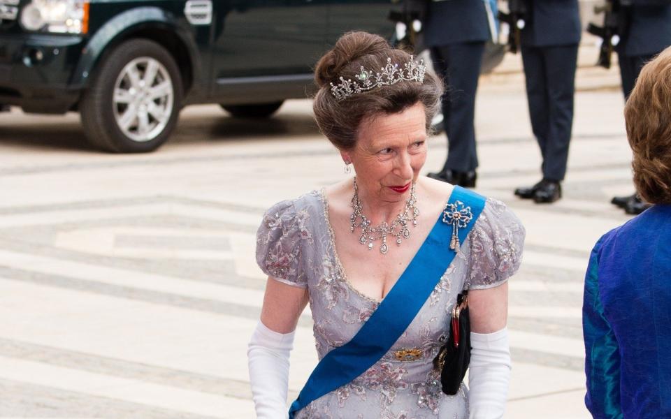 The Princess Royal wearing a tiara for a banquet honouring King Felipe of Spain in 2017 - Getty