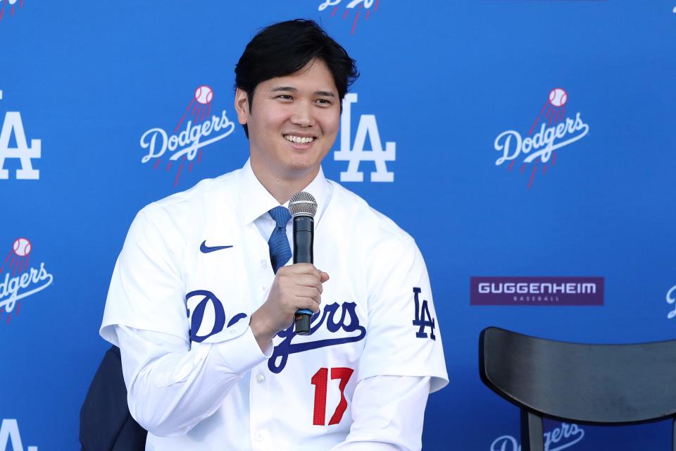 LOS ANGELES, CALIFORNIA - DECEMBER 14: Shohei Ohtani of the Los Angeles Dodgers speaks to the media at Dodger Stadium on December 14, 2023 in Los Angeles, California. (Photo by Meg Oliphant/Getty Images)