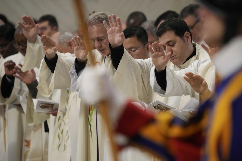 Cardinals attend the Holy Chrism Mass in St. Peter's Basilica, at The Vatican, Thursday, March 28, 2024. (AP Photo/Gregorio Borgia)