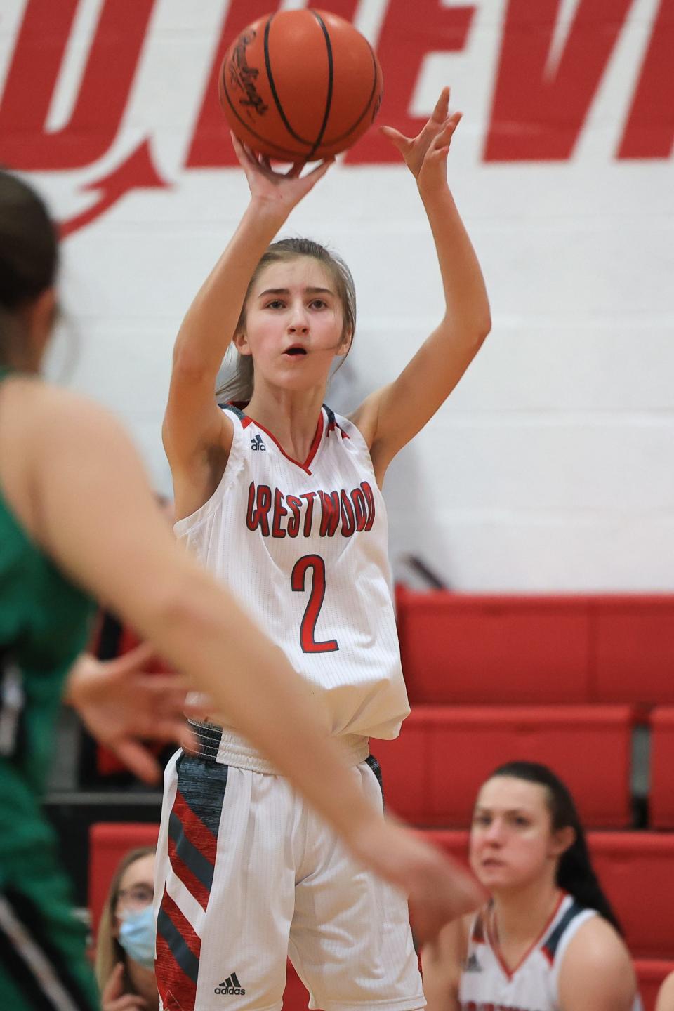 Crestwood sophomore Hannah Ward, pictured against Mogadore last season, hit five 3-pointers at Southeast Wednesday.