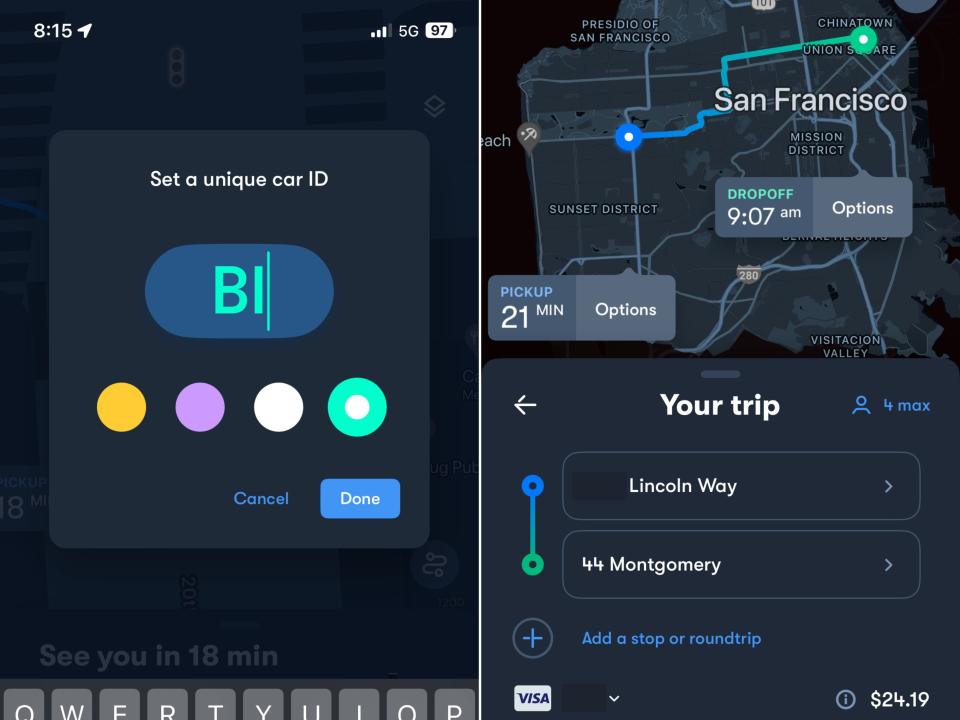 Side-by-side image of screenshots showing the Waymo's app experience.