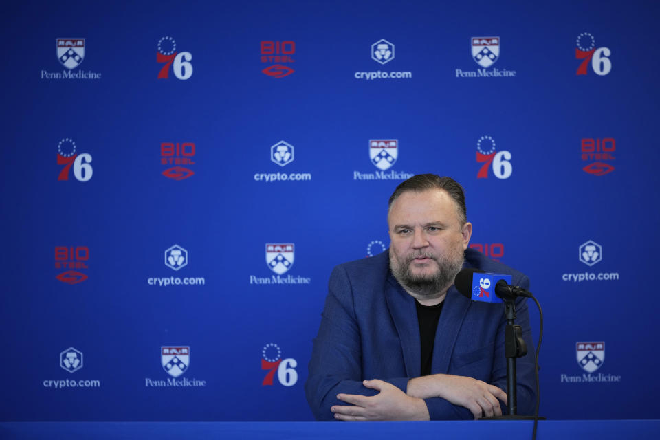 Philadelphia 76ers' Daryl Morey speaks during a news conference at the NBA basketball team's training facility, Wednesday, May 17, 2023, in Camden, N.J. (AP Photo/Matt Slocum)