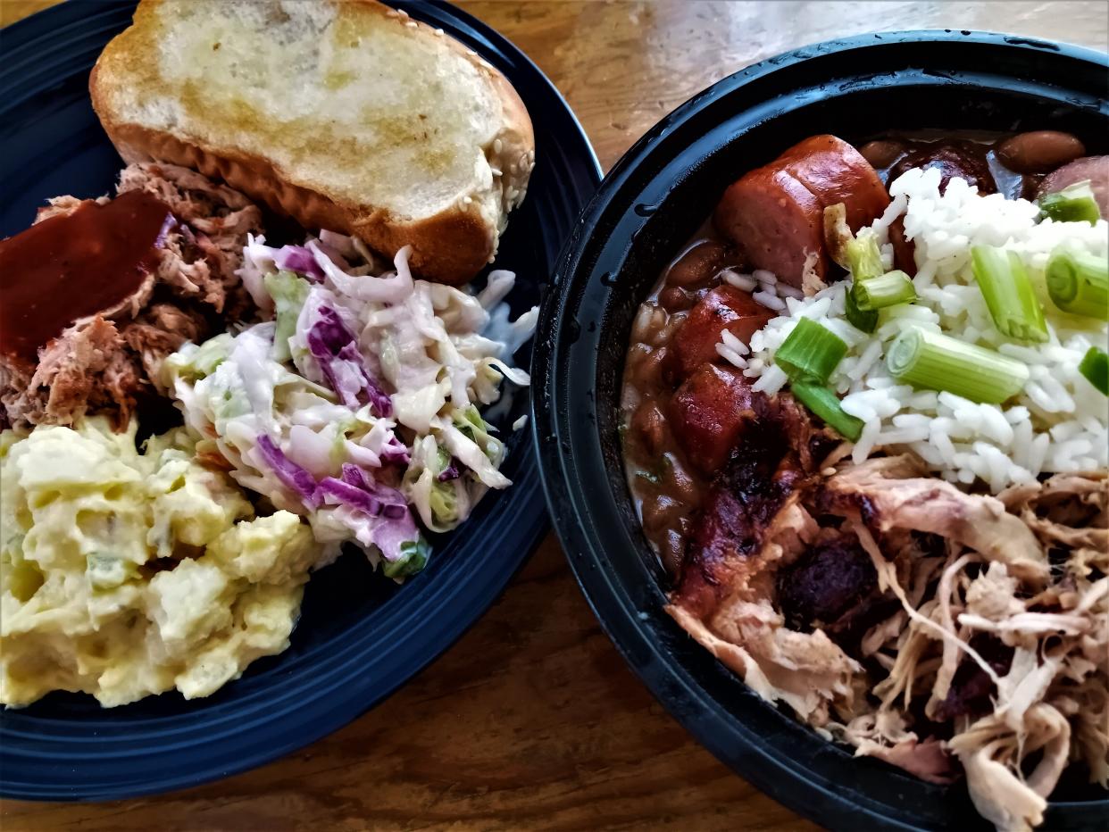 Left, pulled pork, Texas toast, coleslaw and potato salad. Right, Cajun beans and rice.