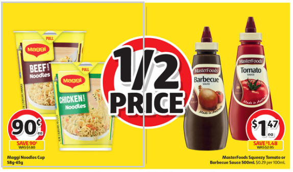 Maggi noodles and sauces advertised for half-price at Coles.