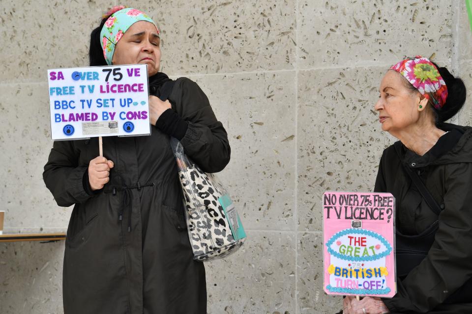 Senior citizens protest outside the BBC studios in London on June 21, 2019 against the end of government funding for free TV licenses for the over 75s. - Funding the free licences is due to be transferred from the Government to the BBC in 2019 as part of an agreement hammered out in 2015. The BBC has said that funding the universal scheme would mean the closure of BBC Two, BBC Four, the BBC News Channel, the BBC Scotland channel, Radio 5 Live, and a number of local radio stations. (Photo by Ben STANSALL / AFP)        (Photo credit should read BEN STANSALL/AFP/Getty Images)