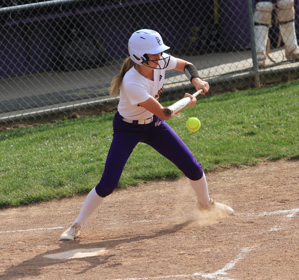 Bloom-Carroll's Jaiden Sharrow lays down a squeeze bunt against Lakewood on Monday.