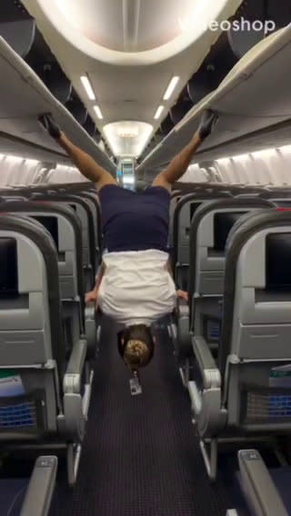 This flight attendant shows off her remarkable acrobatic skills to close the overhead bins with her feet - while wearing high heels. Lindsey O'Brien, 35, gripped onto the armrests before flipping upside down and using her feet to close four luggage containers above. She twirled back down to the aisle and lifted her arms in triumph as her fellow crew members cheered her on. The video was filmed in June aboard an aircraft which had been grounded in her home city of Philadelphia, Pennsylvania, due to Covid-19.