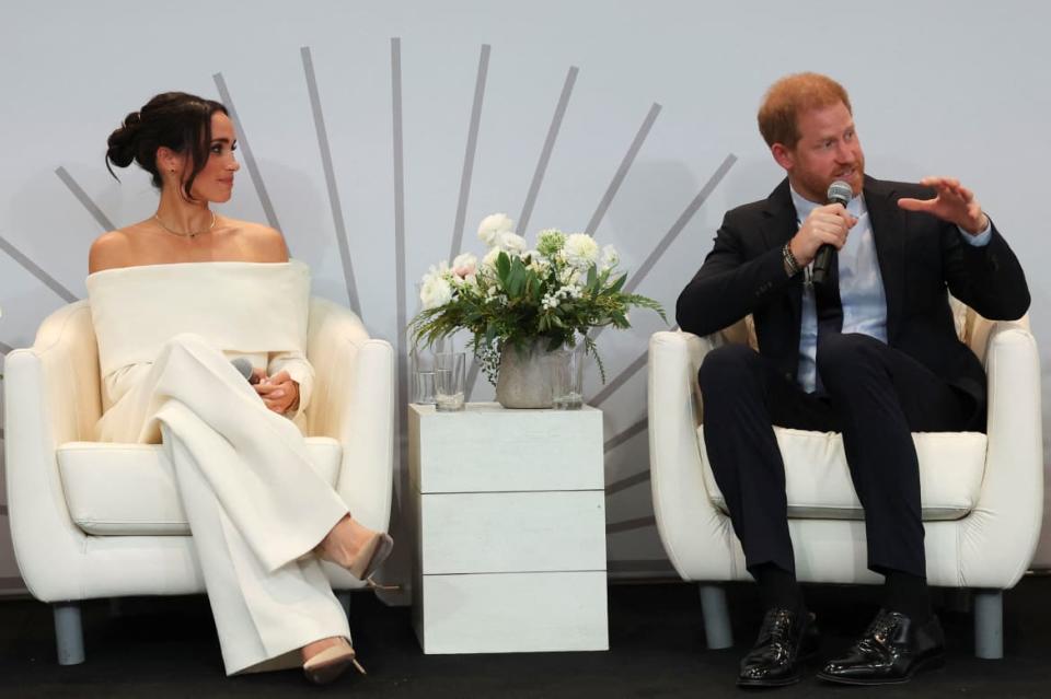 Meghan Markle, left, and Prince Harry participate in a panel held during Project Healthy Minds' second annual World Mental Health Day Festival and The Archewell Foundation Parents' Summit: Mental Wellness in the Digital Age.