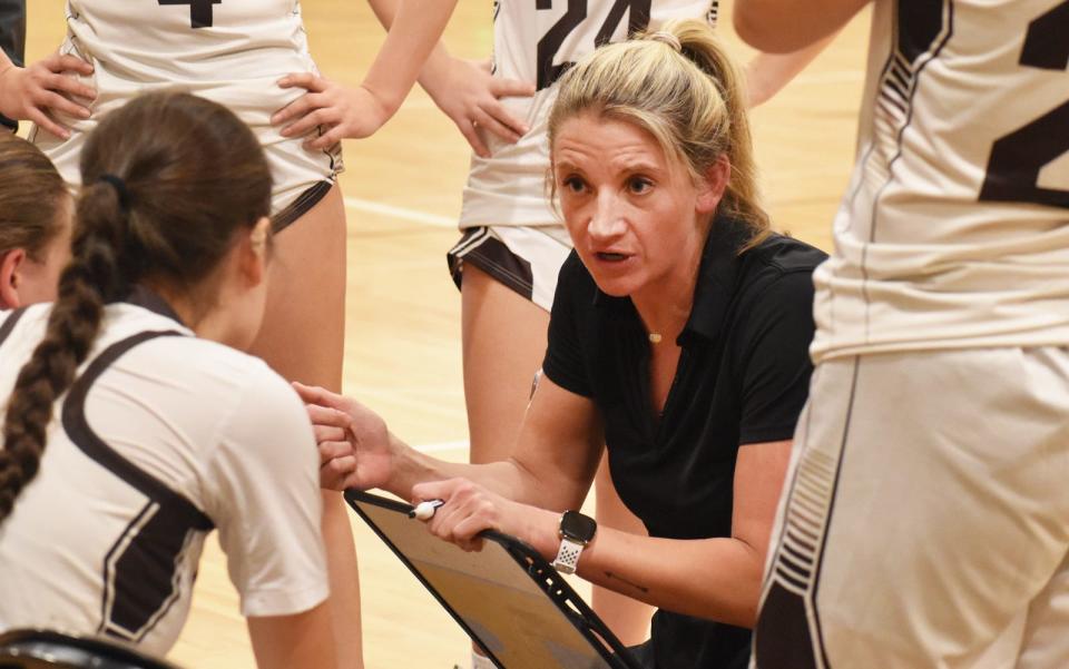 Westport coach Jen Gargiulo talks with her team during a timeout against Case in this Feb. 13 file photo.