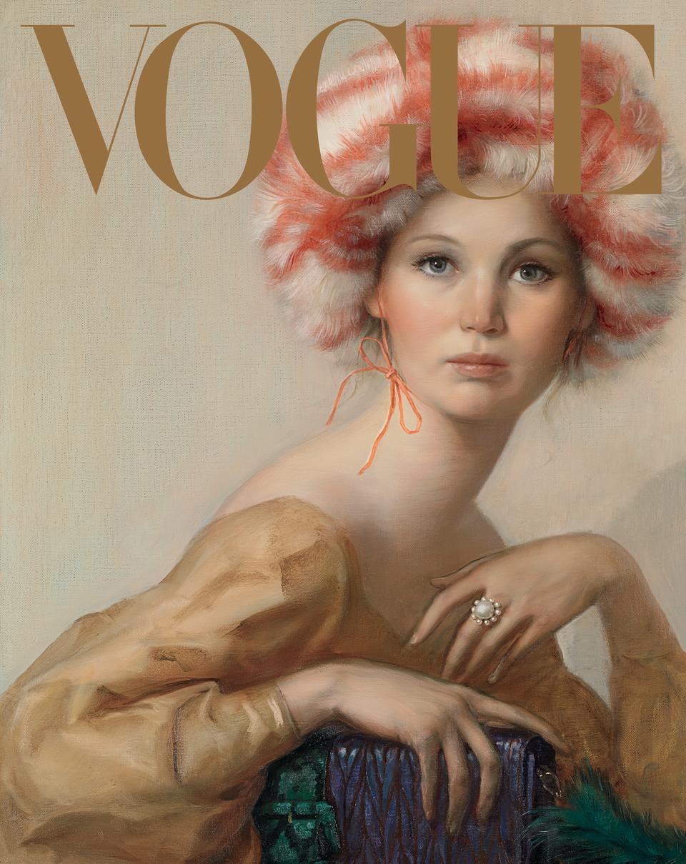 Jennifer Lawrence wearing a Miu Miu dress, hat, and bag. (Photo: John Currin portrait for Vogue)