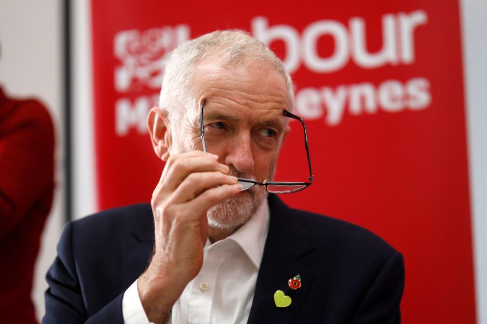 Britain's Labour Party leader Jeremy Corbyn gestures at a campaign event in Milton Keynes, southern England on October 31, 2019. - Britain will go to the polls on December 12 in a bid to unlock the protracted Brexit deadlock. (Photo by Tolga Akmen / AFP) (Photo by TOLGA AKMEN/AFP via Getty Images)