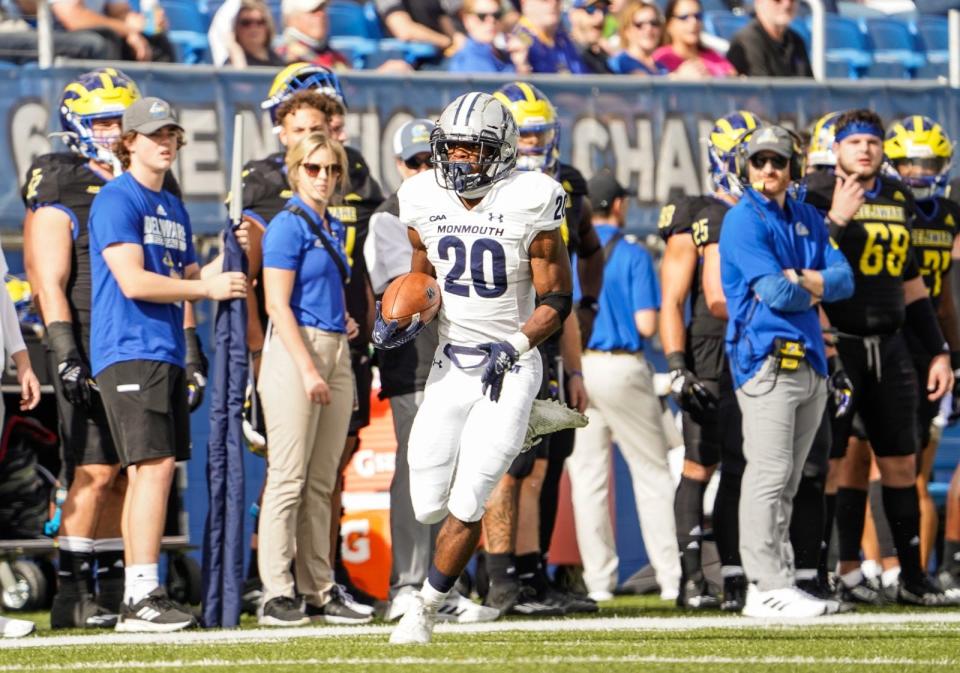 Monmouth's Jaden Shirden breaks a 69-yard TD run against Delaware on Nov. 5, 2022 in Newark, Delaware.