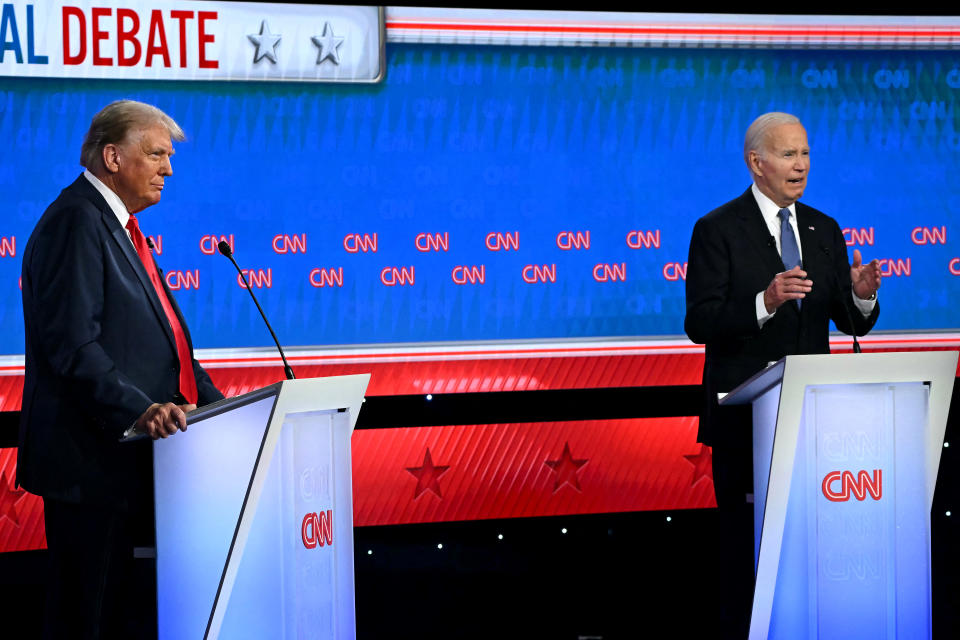 US President Joe Biden and former US President and Republican presidential candidate Donald Trump participate in the first presidential debate of the 2024 elections at CNN's studios in Atlanta, Georgia, on June 27, 2024. (Photo by ANDREW CABALLERO-REYNOLDS / AFP) (Photo by ANDREW CABALLERO-REYNOLDS/AFP via Getty Images)