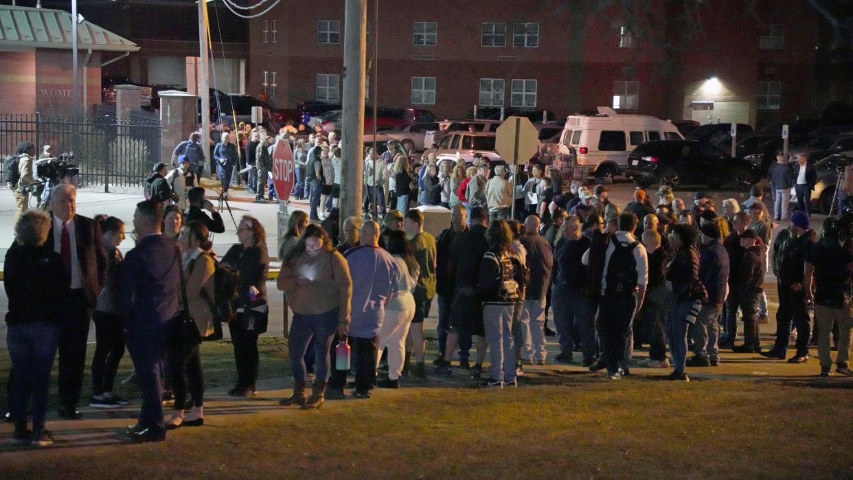 Residents of East Palestine, Ohio, and the surrounding area line up outside for a town hall meeting at East Palestine High School on Wednesday (Copyright 2023 The Associated Press. All rights reserved)