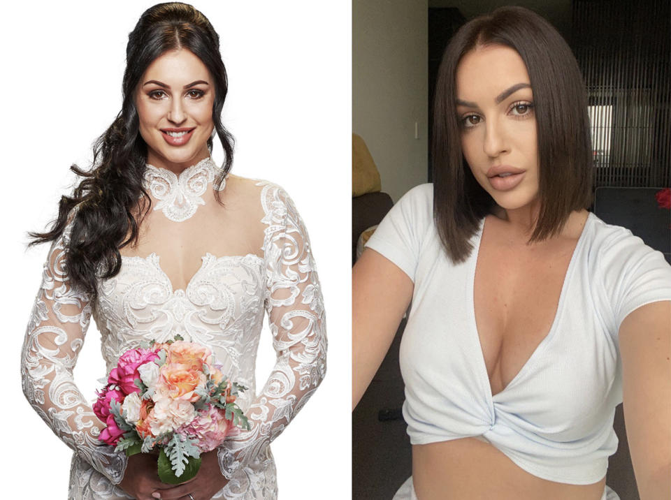 A composite image of Married At First Sight 2020 contestant Aleks Markovic in a wedding dress (left) and wearing a white crop top (right).