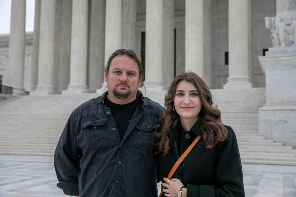 David Carson and his daughter Olivia, plaintiffs in a religious school choice case, attended oral arguments before the Supreme Court in December 2021. The court ruled last June that Maine could not exclude religious schools from the state’s voucher program. (Institute for Justice)