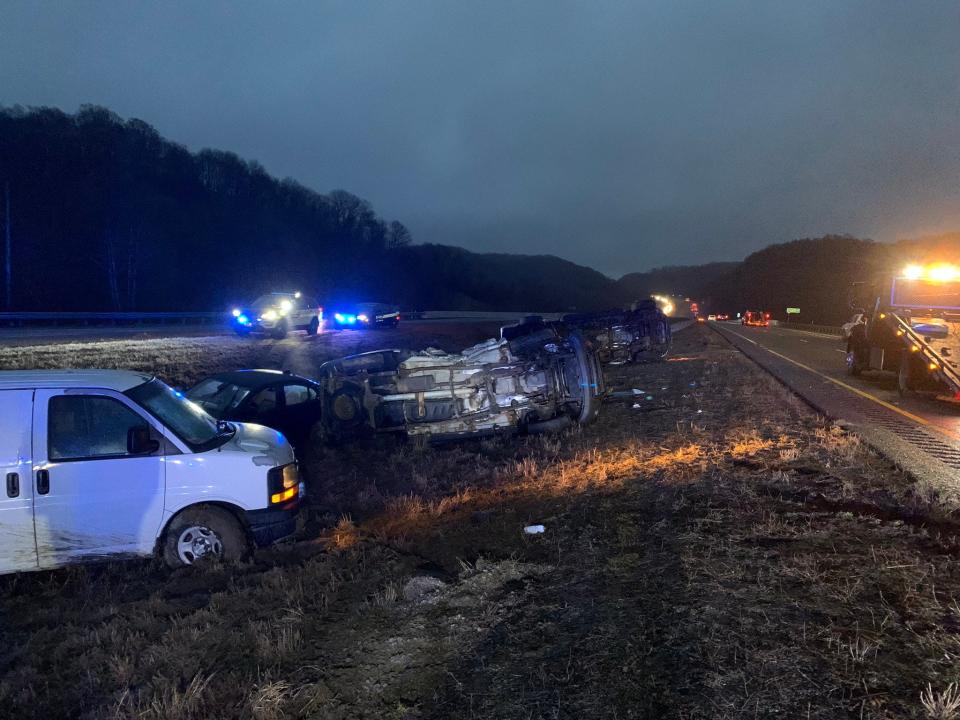 Multiple vehicles were in the median, with at least two overturned, in a wreck reported by THP off I-840 near the I-65 interchange in Williamson County early Friday morning.