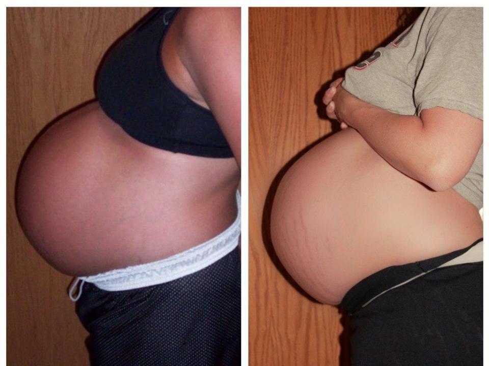 Jennifer Waters shows off each of her bumps with her biological twins when she was 36 weeks into her pregnancies.