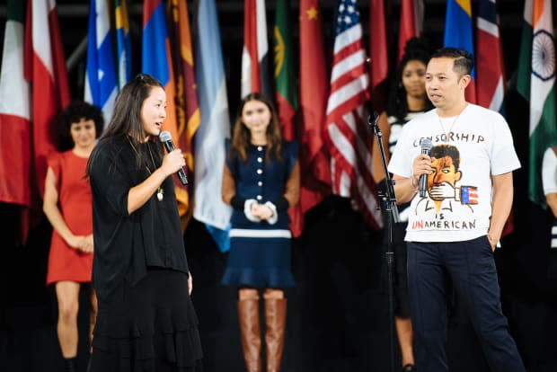 Carol Lim and Humberto Leon at Opening Ceremony's pageant-themed Spring 2017 show during New York Fashion Week.