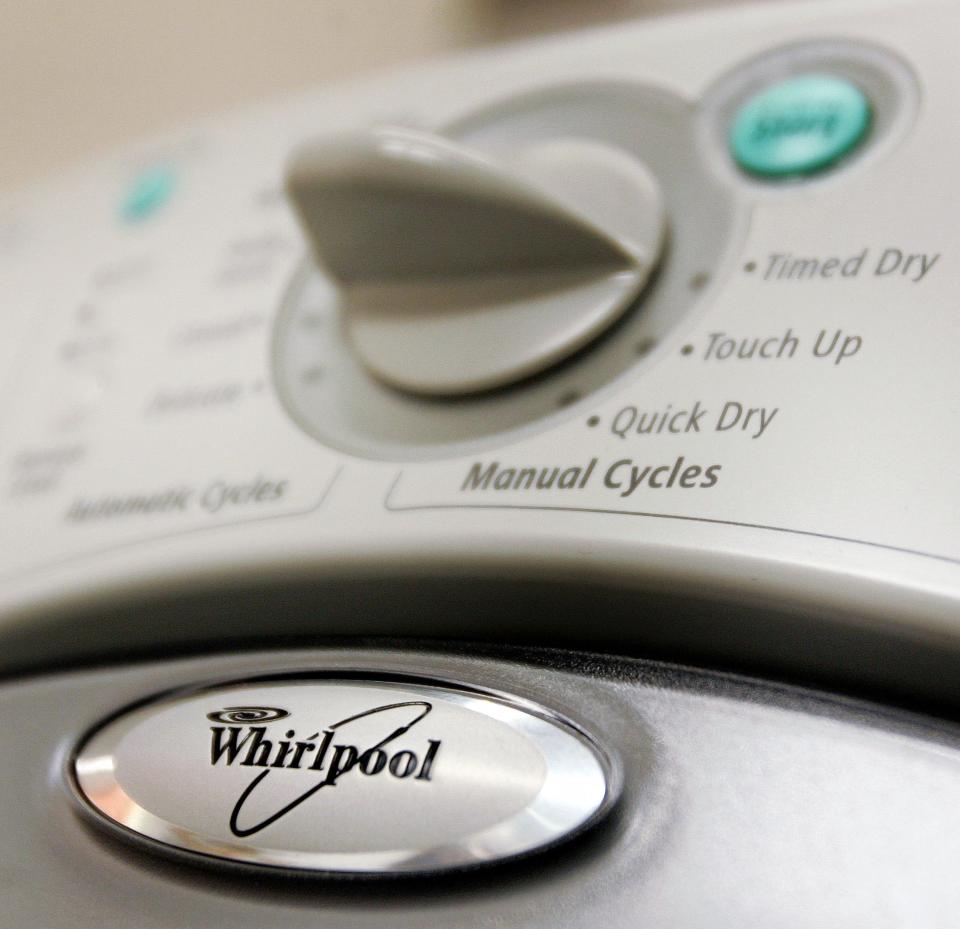 NILES, IL - MAY 12:  A Whirlpool logo is seen on a dryer at a Sears store May 12, 2006 in Niles, Illinois. Whirlpool reportedly may be closing three Maytag manufacturing plants and offices as well as eliminating upwards of 4,500 jobs.  (Photo by Tim Boyle/Getty Images)