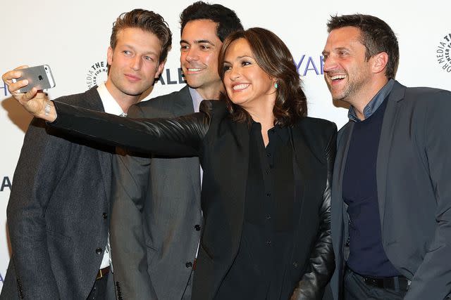 <p>Monica Schipper/FilmMagic</p> Peter Scanavino, Danny Pino, Mariska Hargitay and Raul Esparza