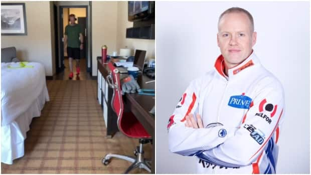 Mark Nichols posted a video on Instagram, screenshot left, showing him doing laps in his hotel room. He listens to fitness podcasts while walking, but used the song Walking on Sunshine by Katrina & The Waves as background music for his video. (Instagram/marknichols_nl/teamgushue.ca - image credit)