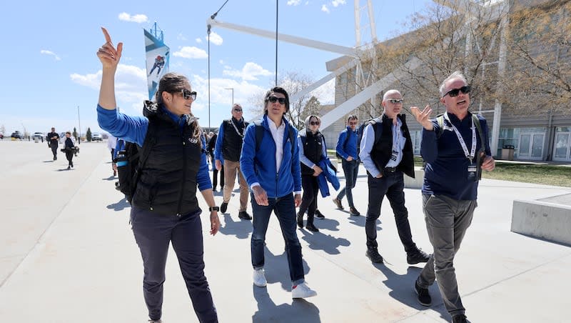 Danka Bartekova, International Olympic Committee member, Christophe Dubi, Olympic Games executive director, and Colin Hilton, Olympic Legacy Foundation president and CEO, arrive with members of the International Olympic Committee’s Future Host Commission, IOC, U.S. Olympic and Paralympic leaders to tour the Utah Olympic Oval in consideration for the 2034 Games in Kearns on Friday, April 12, 2024.