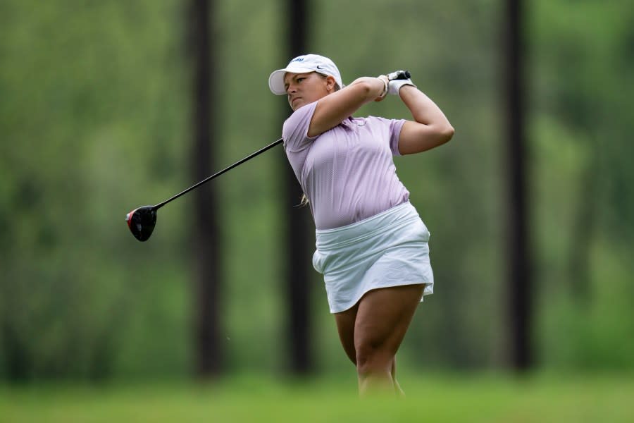 Jensen Castle of the United States plays her stroke from the No. 3 tee during round one of the Augusta National Women’s Amateur at Champions Retreat Golf Club, Wednesday, April 3, 2024.