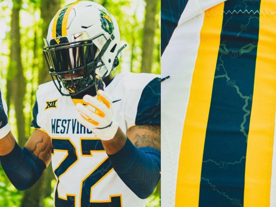 A side-by-side shows a West Virginia football player showing off the new uniform, which features a road map.