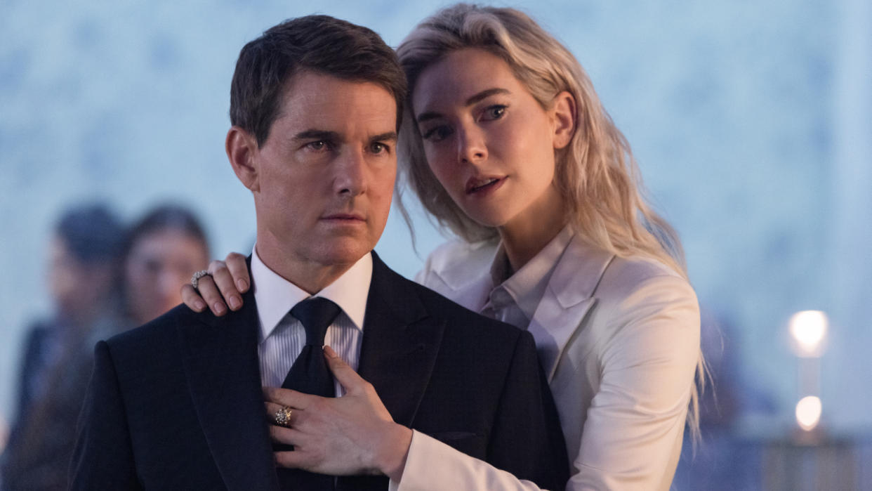  Tom Cruise stands in with Vanessa Kirby's grasp in Mission Impossible: Dead Reckoning - Part One. 