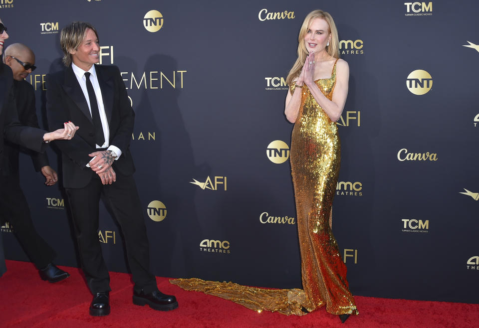 Keith Urban, left, and Nicole Kidman arrive at the 49th AFI Life Achievement Award honoring Kidman on Saturday, April 27, 2024, at the Dolby Theatre in Los Angeles. (Photo by Jordan Strauss/Invision/AP)