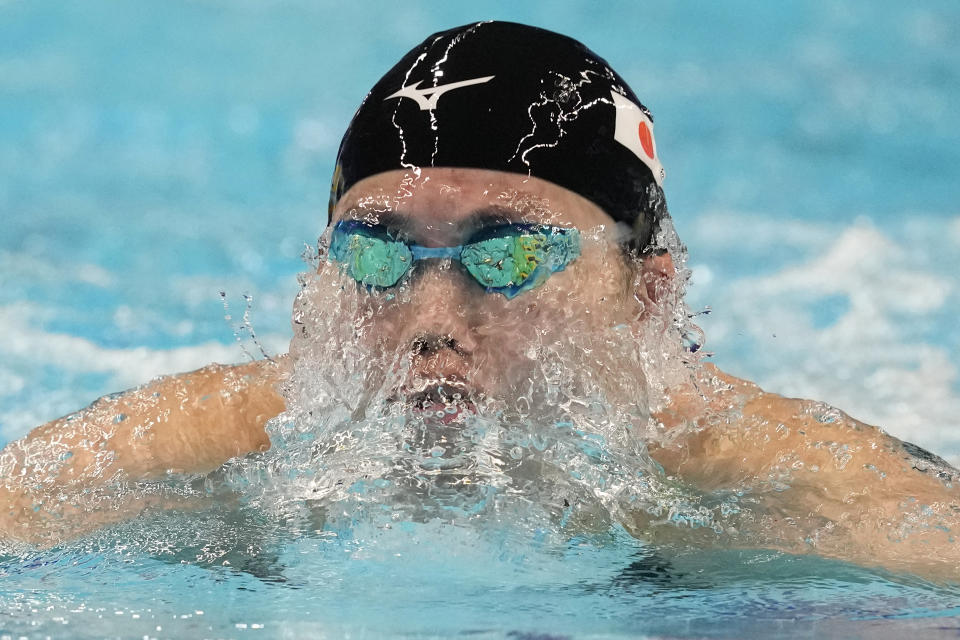 Japan's Reona Aoki competes during the women's 4x100 medley relay at the 19th Asian Games in Hangzhou, China, Friday, Sept. 29, 2023. (AP Photo/Aaron Favila)