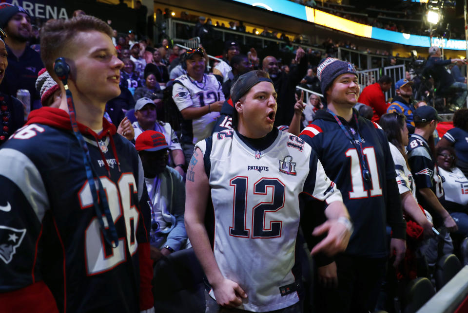 Fans yell during Opening Night for the NFL Super Bowl 53 football game Monday, Jan. 28, 2019, in Atlanta. (AP Photo/David Goldman)