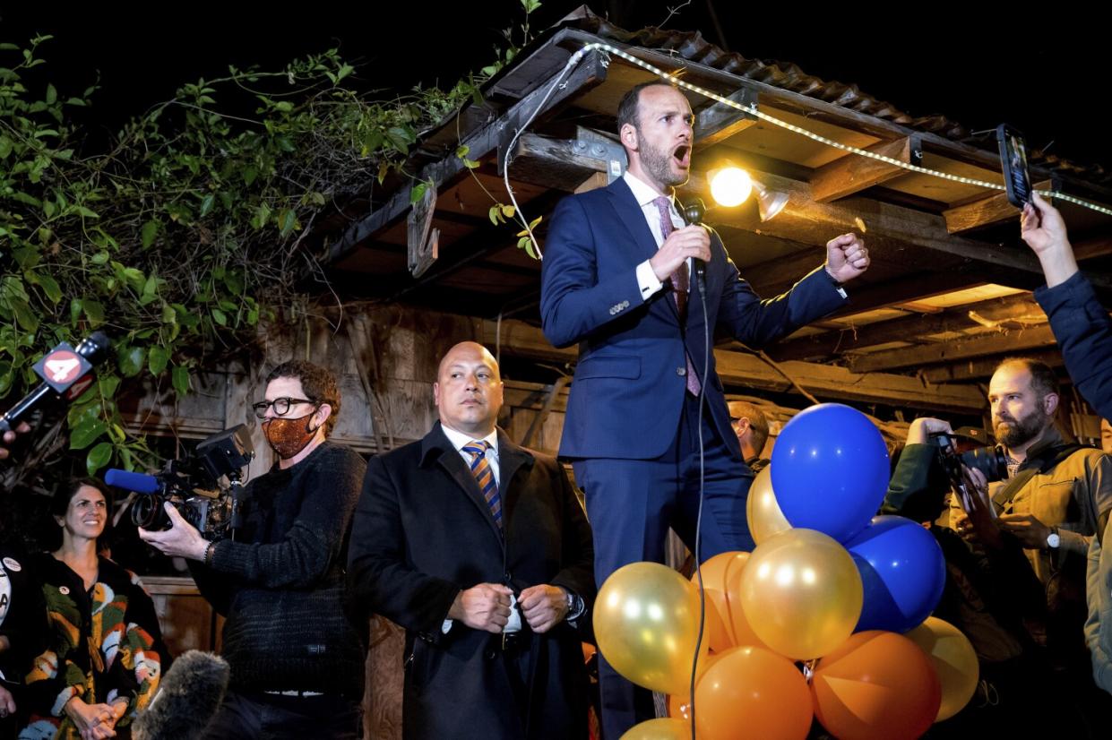 San Francisco District Attorney Chesa Boudin addresses supporters on Tuesday.