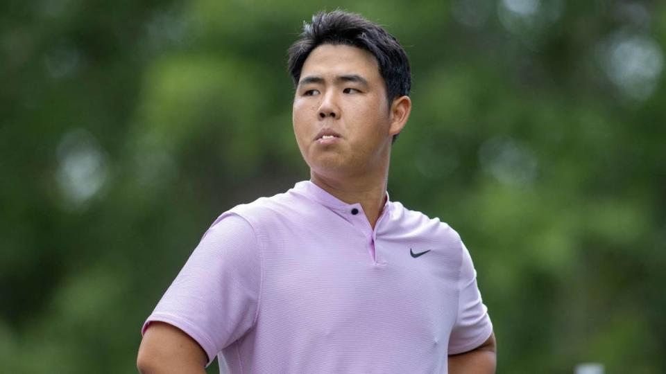 Tom Kim chews his gum before teeing off on no. 14 during the first round of the RBC Heritage Presented by Boeing at Harbour Town Golf Links on Thursday, April 18, 2024 in Sea Pines on Hilton Head Island.