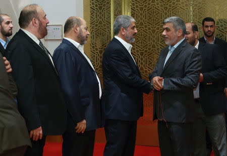 Hamas leader Khaled Meshaal arrives to announce a new policy document in Doha, Qatar, May 1, 2017. REUTERS/Naseem Zeitoon