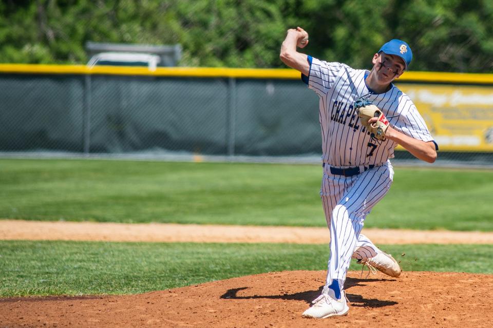 Chapel Field's Leam Powell pitches during the Section 9 Class D baseball championship game at Cantine Field in Saugerties on Sunday, May 29, 2022.