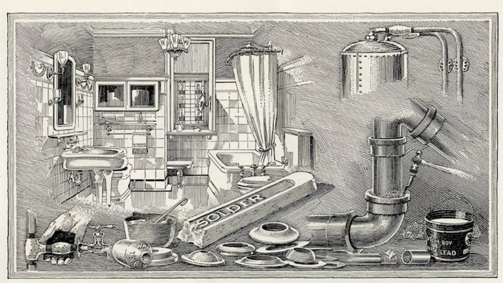 A black and white illustration from a 1923 ad that lauds the benefits of lead in solder, pipes and paint.