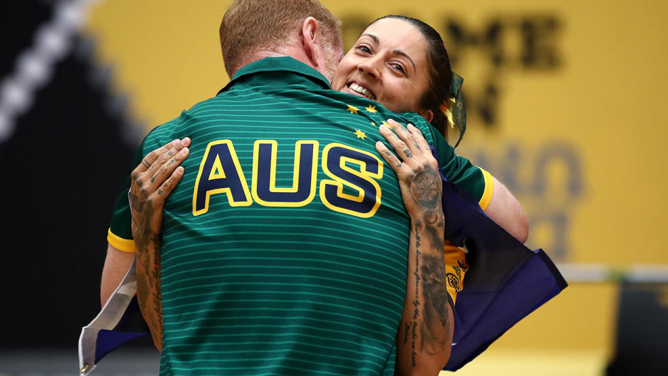 Sarah Sliwka celebrates winning gold. (Photo by Cameron Spencer/Getty Images for the Invictus Games Foundation )