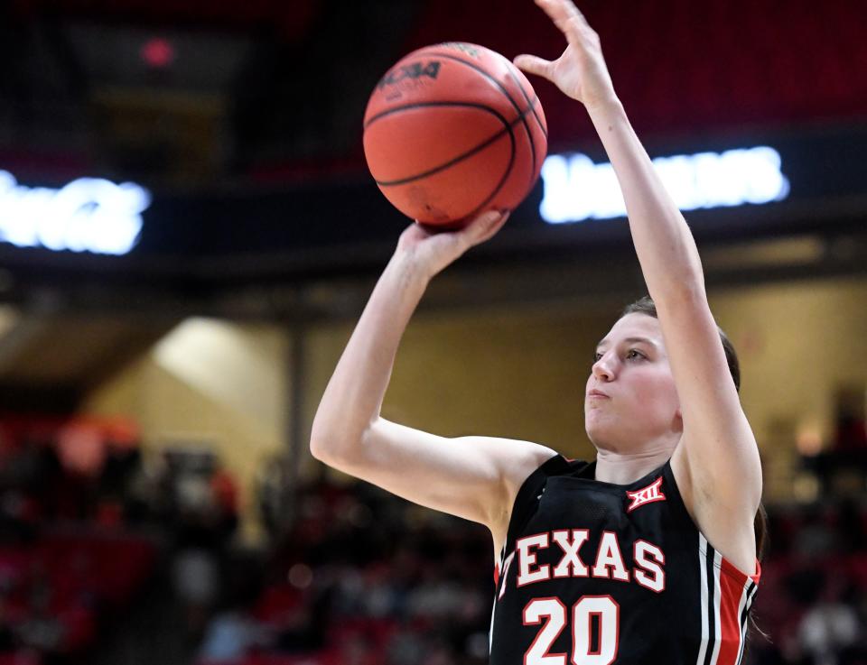 Texas Tech's guard Bailey Maupin (20) shoots the ball against Baylor in a Big 12 basketball game, Saturday, Jan. 28, 2023, at United Supermarkets Arena. 